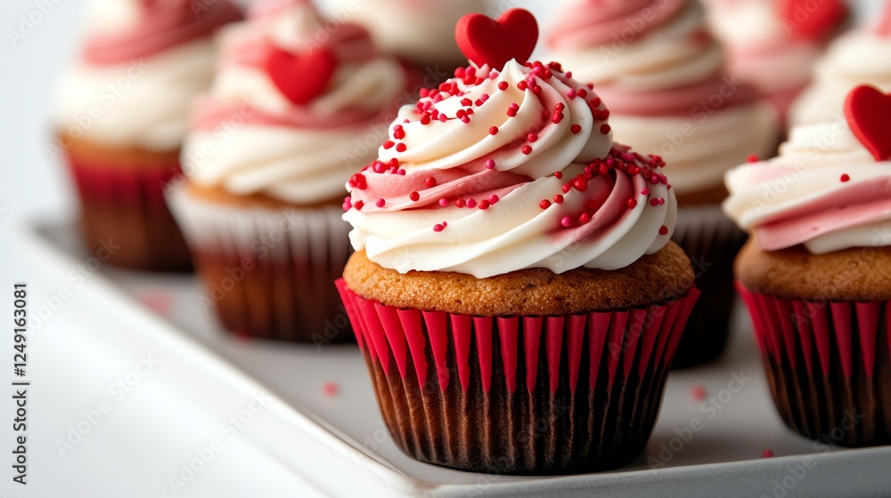 Delicious cupcakes adorned with red frosting and heart decorations on a white plate. Delicious cupcakes adorned with red frosting and heart decorations on a white plate.