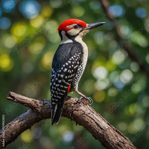 A cartoon-style woodpecker with exaggerated features and bright colors, standing on a branch.