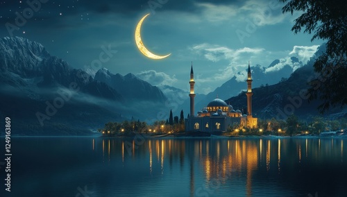 Night scene of illuminated mosque on island lake, crescent moon, mountains. photo