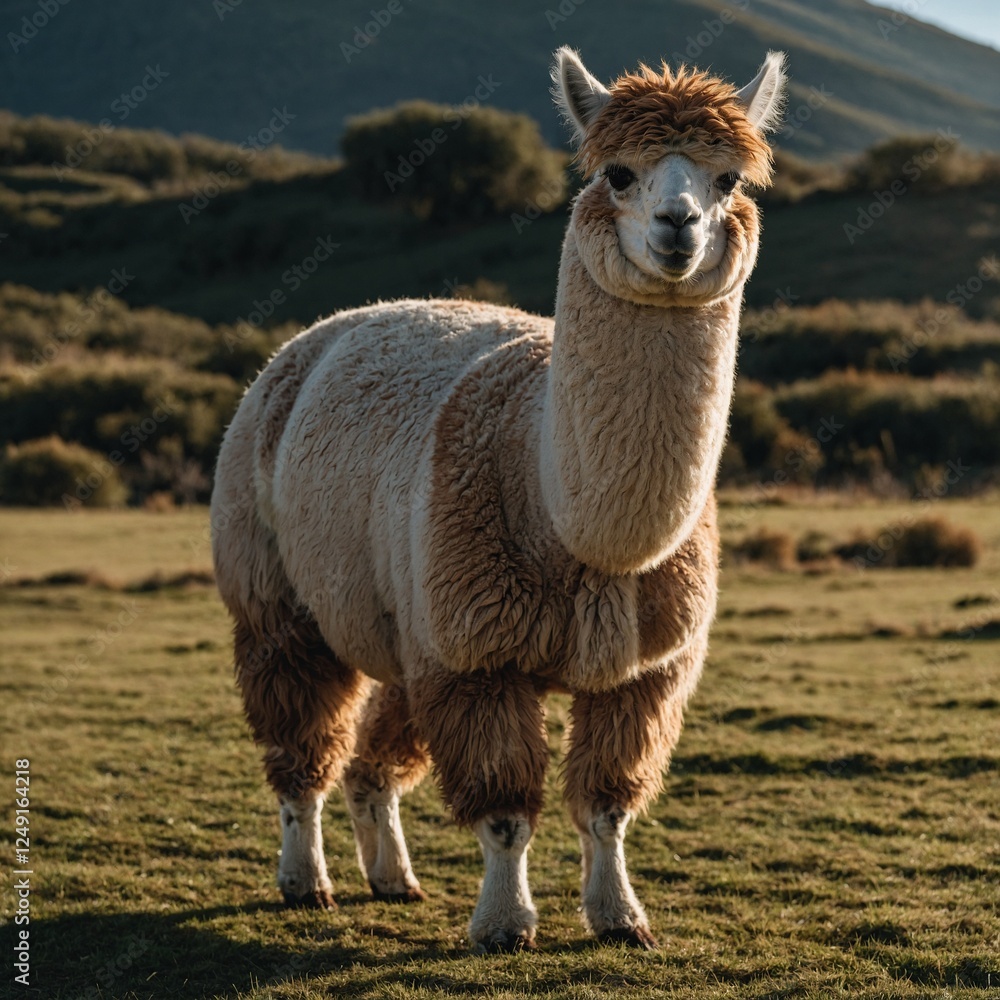 Obraz premium A fluffy alpaca grazing in a colorful Andean meadow.A casual photo of a llama against the backdrop of nature.Llama in Pastoral Setting