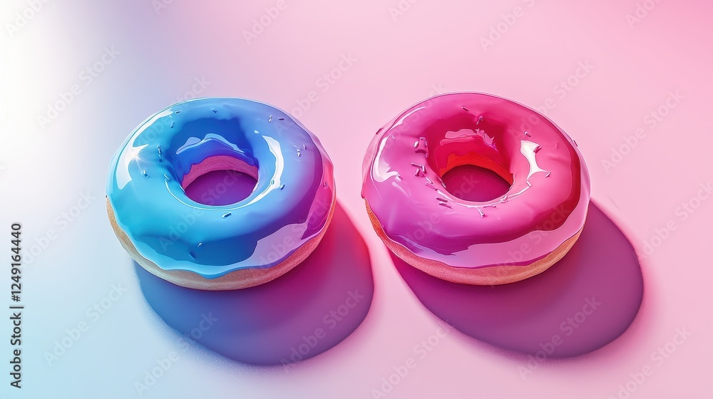 Two colorful donuts, one blue and one pink, with glossy icing, sit side by side against a pastel background, creating a playful and appetizing visual. Two colorful donuts, one blue and one pink, with glossy icing, sit side by side against a pastel background, creating a playful and appetizing visual.