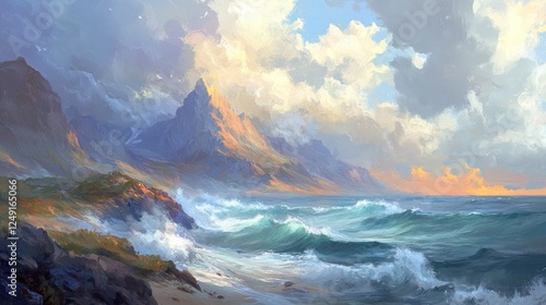 Serene Coastal Landscape with Majestic Mountains and Crashing Waves