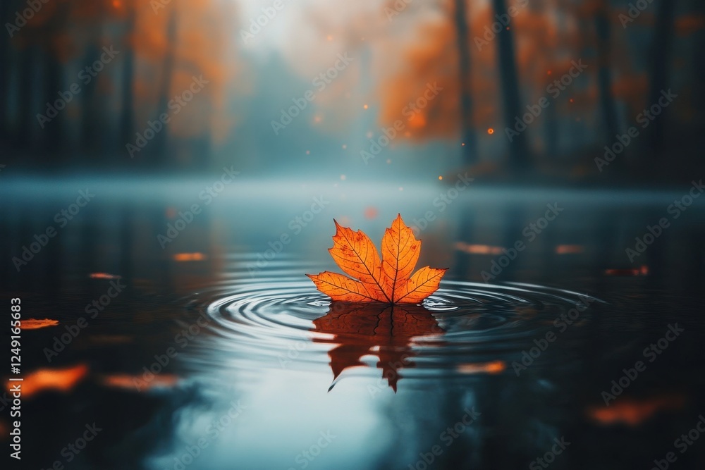 A peaceful high-definition shot of a maple leaf softly resting on a dark lake, its vibrant colors mirrored in a floating black glass cup, surrounded by ripples. A peaceful high-definition shot of a maple leaf softly resting on a dark lake, its vibrant colors mirrored in a floating black glass cup, surrounded by ripples.