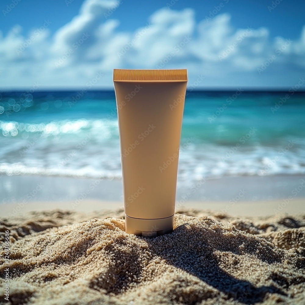Sunscreen tube on sandy beach with ocean waves and blue sky in background Sunscreen tube on sandy beach with ocean waves and blue sky in background