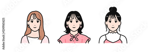 オシャレな若い女性3人のシンプルなベクターイラストセット