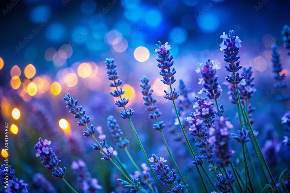 Fototapeta premium Serene Night Lavender Close-Up: Delicate Purple Blooms Under Starry Sky