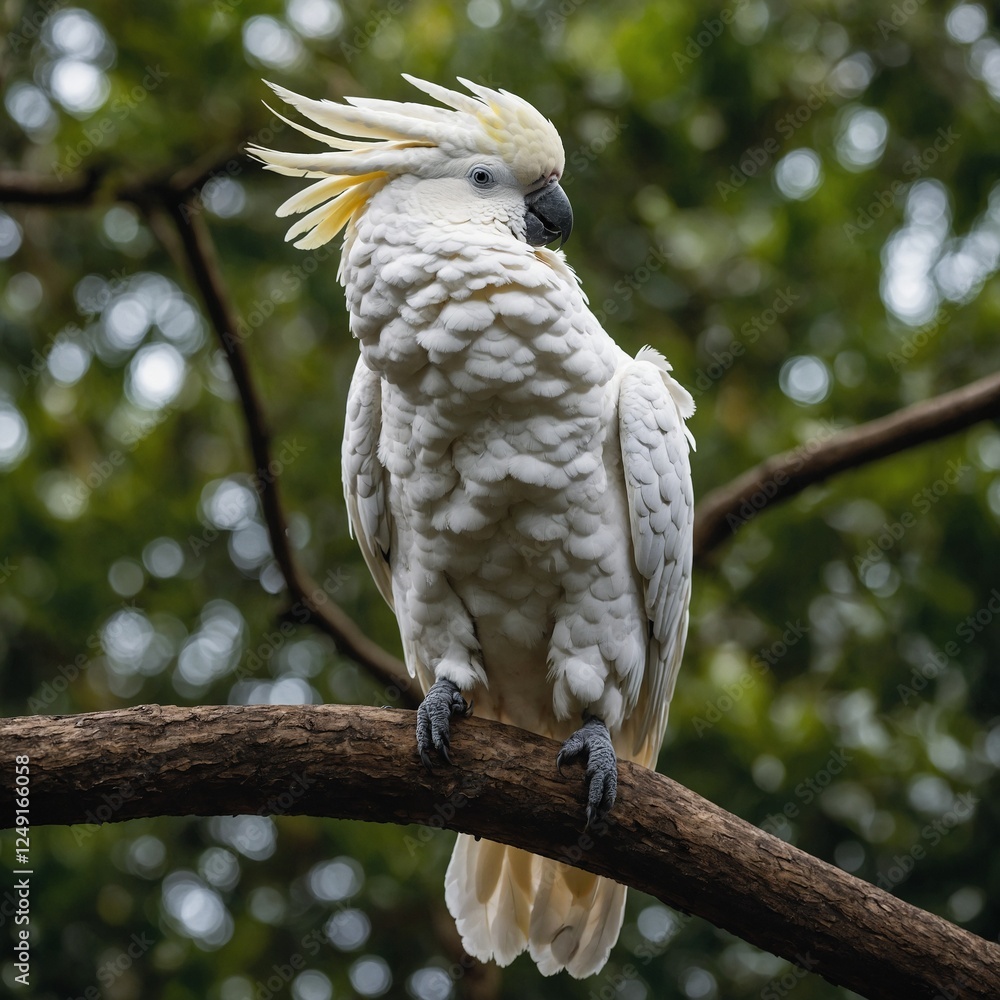 Panoramic autumn landscape with wooden path at sunset. Fall nature background A cockatoo perched on a golden perch in a tropical garden.