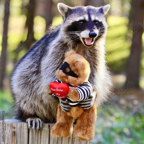 Heart Thief Raccoon: A charming raccoon holding a 