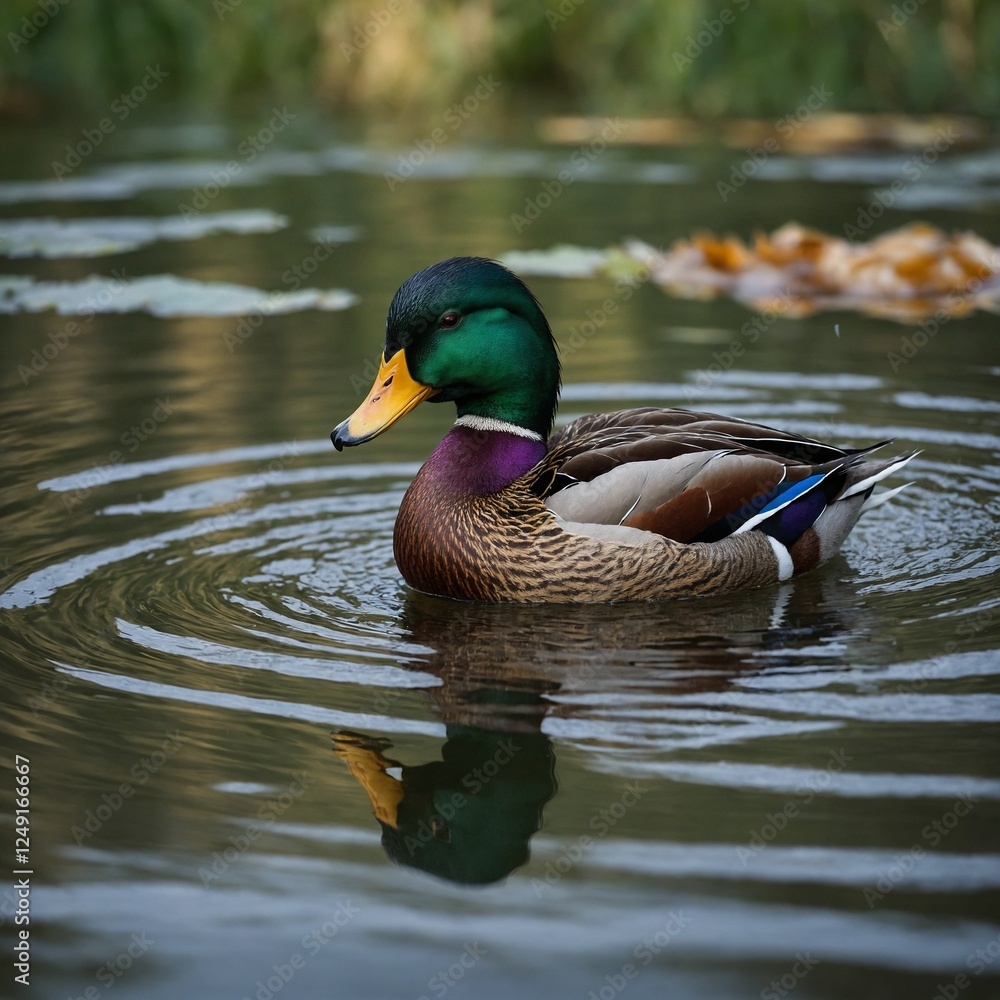 Fototapeta premium mallard duck on the water, swim in the lake Duck Mallard in Sunset Light The mallard duck glides across the liquid.A mallard duck swimming calmly in a serene pond surrounded by lush greenery.