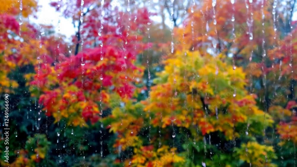 Raindrops falling on a window with an out of focus autumnal background Raindrops falling on a window with an out of focus autumnal background