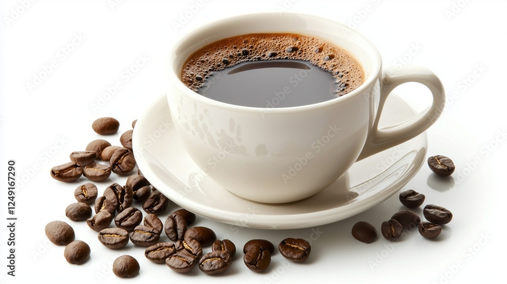 A cozy cup filled with aromatic coffee sits serenely against a bright white background A cozy cup filled with aromatic coffee sits serenely against a bright white background