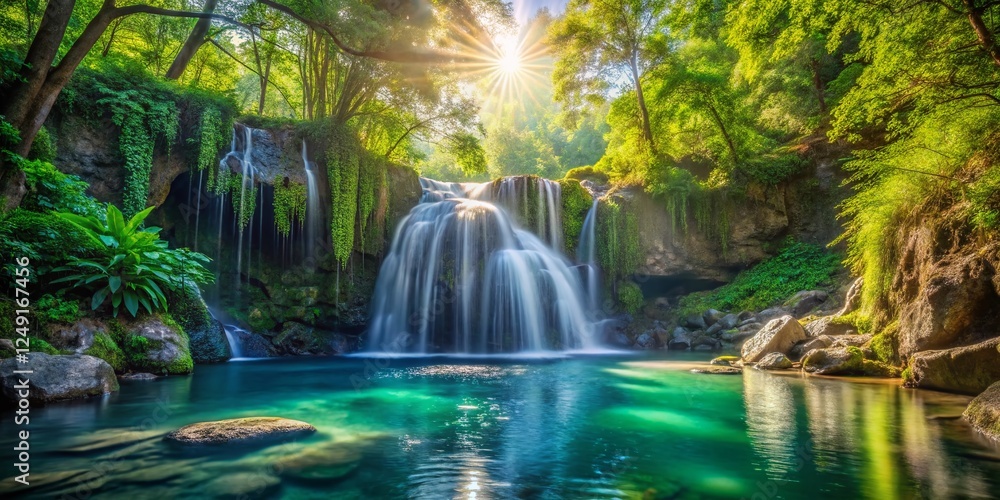 Serene Waterfall Cascade into Crystal Clear Pool, Lush Green Rocks Serene Waterfall Cascade into Crystal Clear Pool, Lush Green Rocks