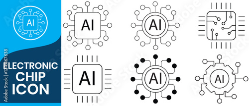 Artificial intelligence AI processor chip icon.AI Processor circuit vector set. Electronic chip. Mini AI CPU icon in flat style thin line icon collection on white background. Vector illustration.