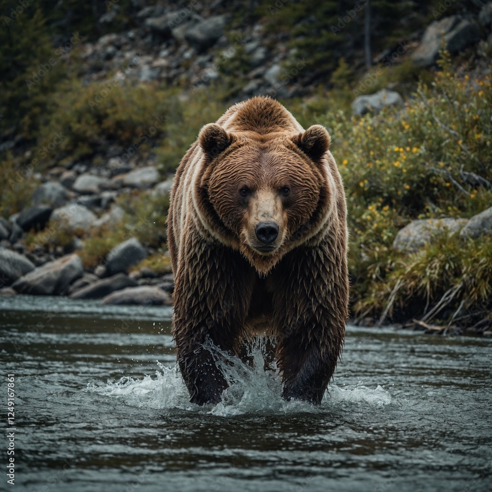 A realistic bear drinking water from a stream, minimalist depiction, on a white background. bears hunt fish on the river bank, HD, 8K, aestethic, cinematic photography A bear catching salmon in a A realistic bear drinking water from a stream, minimalist depiction, on a white background. bears hunt fish on the river bank, HD, 8K, aestethic, cinematic photography A bear catching salmon in a