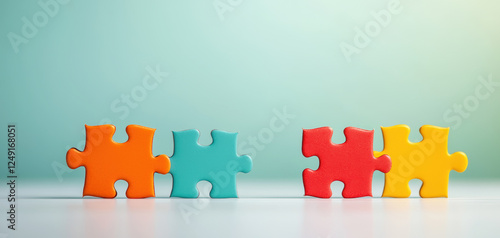 Colorful puzzle pieces in orange, teal, red, and yellow arranged on light background, symbolizing teamwork and collaboration