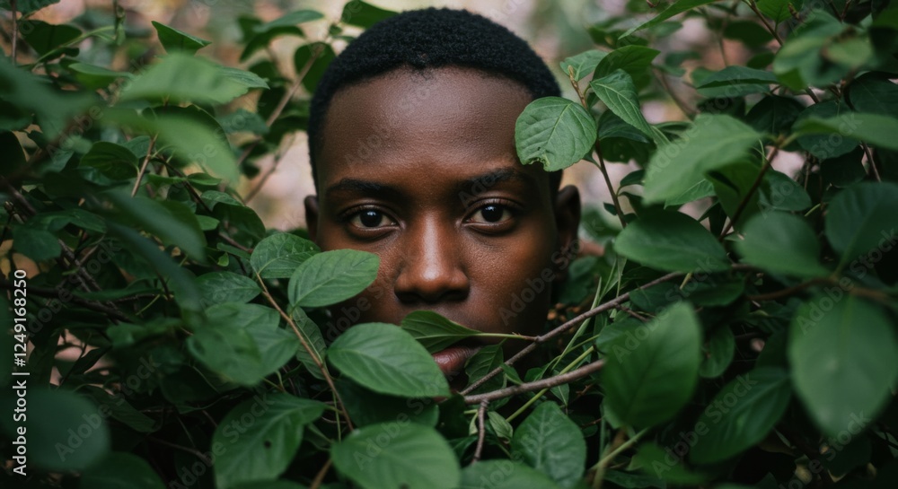 Man's face covered obstructed and surrounded by Plant Tree Leaves, expressive leaf nature environment concept