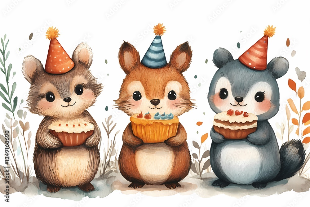 Fototapeta premium Cute woodland animals celebrating with cupcakes at a cheerful party in a colorful setting