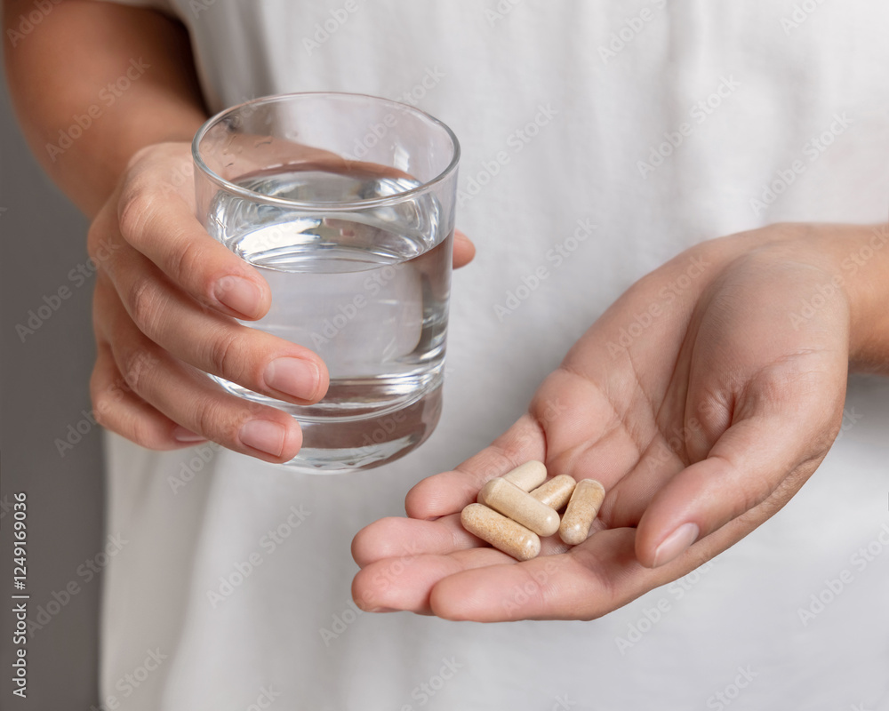 Woman in white t-shirt holding beige capsules in cupped hand and water glass in other closeup Woman in white t-shirt holding beige capsules in cupped hand and water glass in other closeup