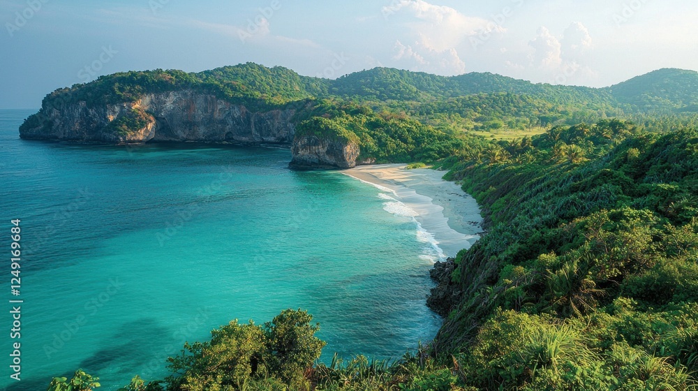 Fototapeta premium Serene coastal landscape with turquoise waters, lush greenery, and distant hills