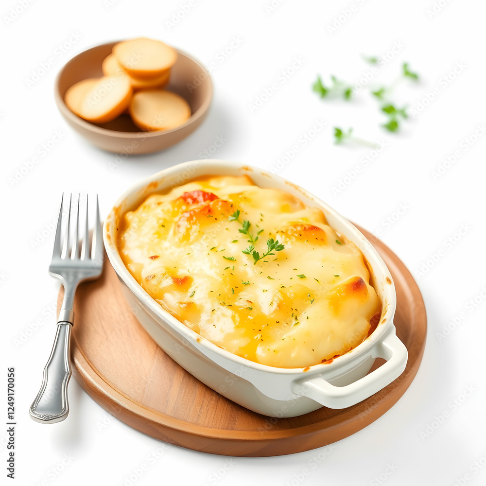 A French traditional potato gratin tartelettes of Savoy isolated on the background A French traditional potato gratin tartelettes of Savoy isolated on the background