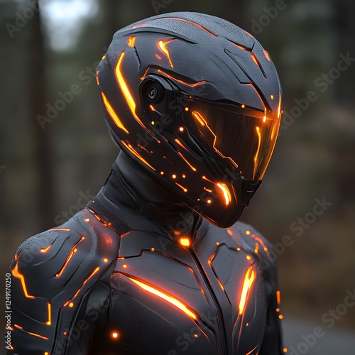 Futuristic motorcycle suit, glowing, forest, road, digital art, advertising photo