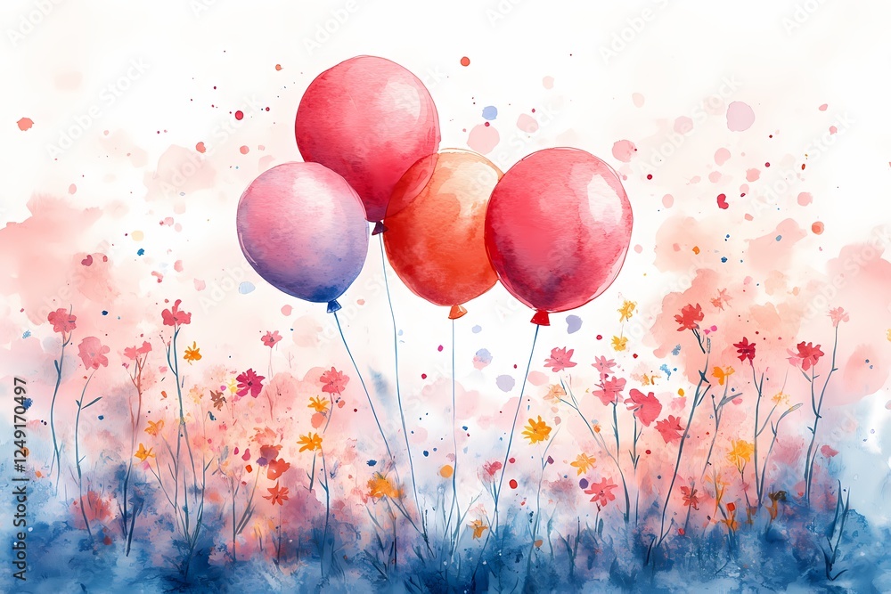 Colorful balloons float above a vibrant field of wildflowers in a sunny landscape during springtime Colorful balloons float above a vibrant field of wildflowers in a sunny landscape during springtime