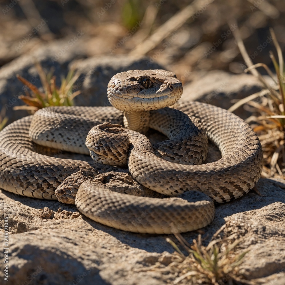 Obraz premium A rattlesnake coiled on a sandy desert floor. Deadly Sand Viper Camouflaged in Desert Habitat Under Midday Sun - Generated by AI. A close-up of a snake coiled on the ground with its head raised, 