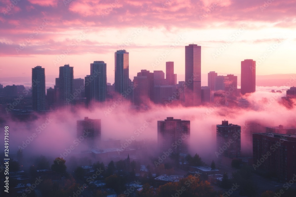 Fototapeta premium Modern city skyline with pink fog and colorful lights