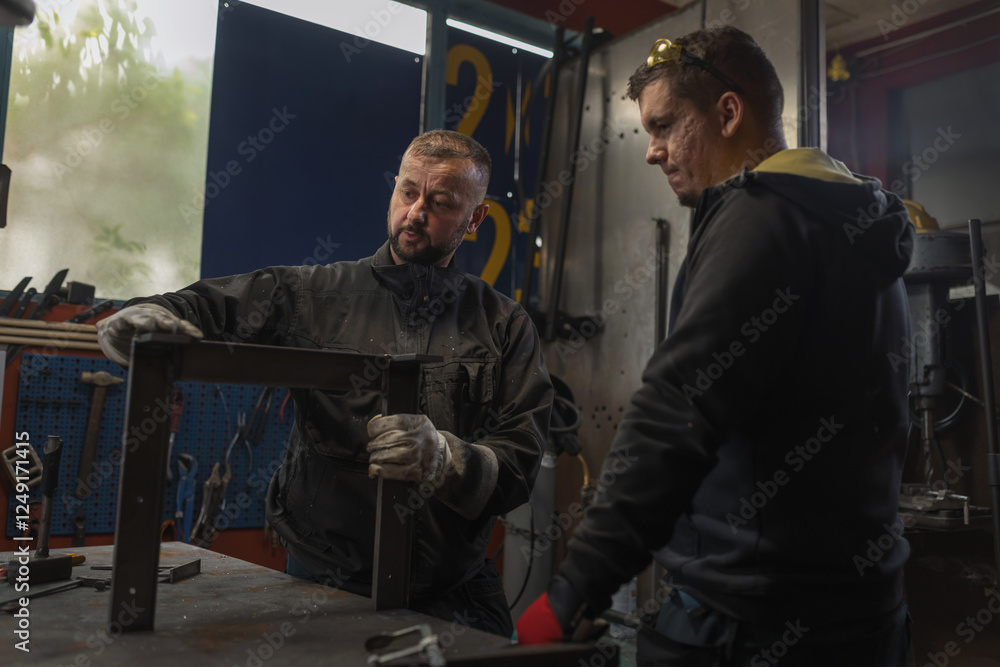 Two skilled welders at work, welding and joining metal iron at 90 degrees in a workshop. Small manufacturing business concept. Two skilled welders at work, welding and joining metal iron at 90 degrees in a workshop. Small manufacturing business concept.