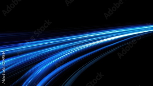 Dynamic blue light streaks with glowing horizontal lines in a high-speed motion blur effect over a sleek black background.