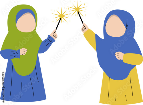 Muslim woman and her best friend playing with fireworks