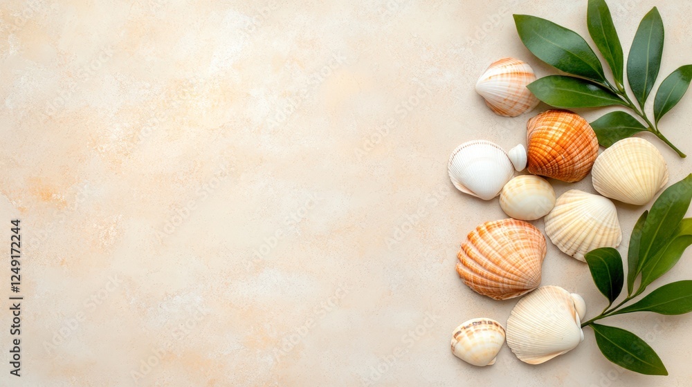 A collection of seashells arranged with green leaves on a soft beige background, perfect for beach-themed projects, nature illustrations, or eco-friendly designs A collection of seashells arranged with green leaves on a soft beige background, perfect for beach-themed projects, nature illustrations, or eco-friendly designs