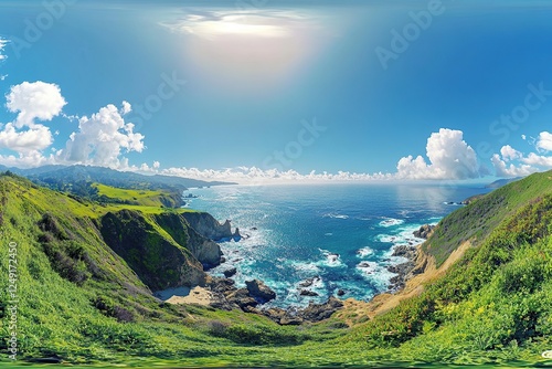 A panoramic view of the Bixby Creek Bridge along Big Sur's coastline, with lush green hills and blue ocean
