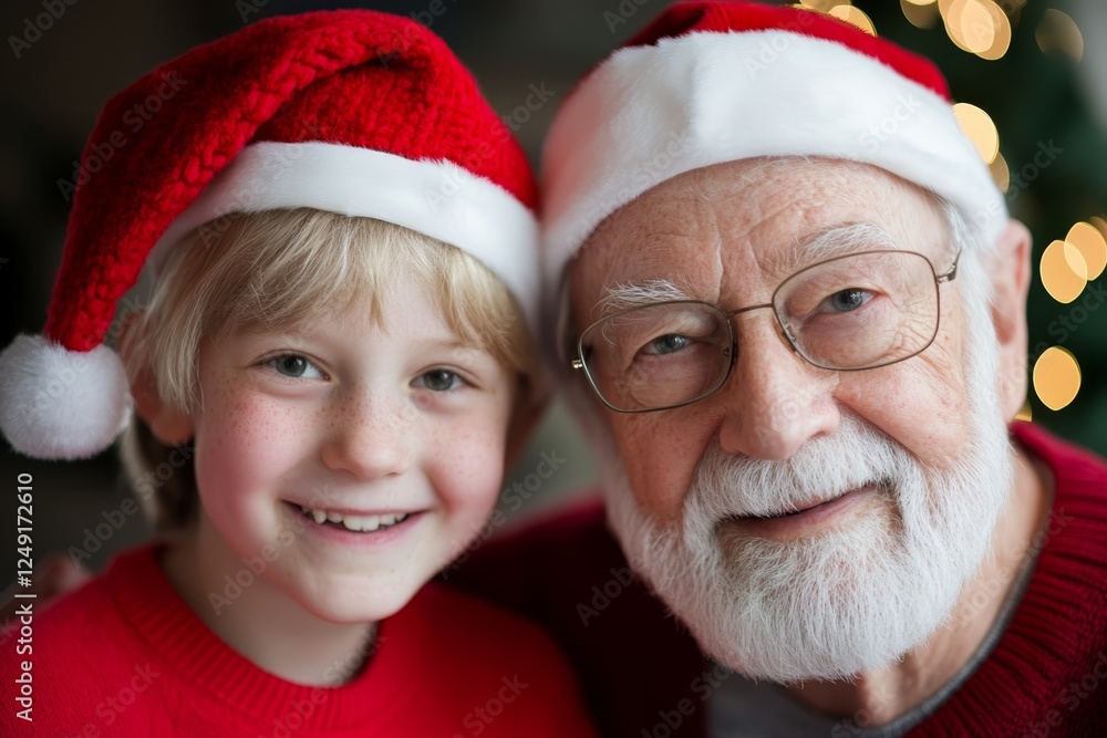 Joyful moments shared between a grandfather and grandson during the festive season in a cozy indoor setting Joyful moments shared between a grandfather and grandson during the festive season in a cozy indoor setting