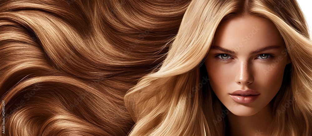 Obraz premium A captivating beauty portrait of a flawless model, an editorial fashion shoot. Insanely detailed photo of a beautiful woman with long hair, hair treatment adverstising. Generative AI