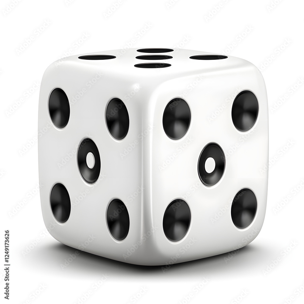 A white dice with black dots on each of its faces, placed on a transparent backgroumd. A white dice with black dots on each of its faces, placed on a transparent backgroumd.
