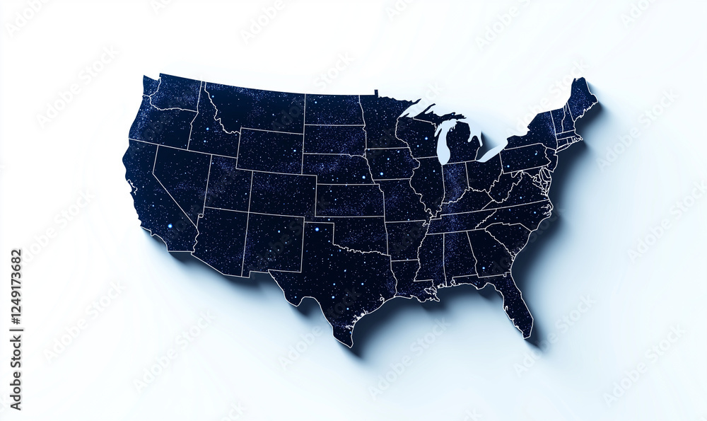 Obraz premium black silhouette of United States map with starry background, showcasing states and their outlines. This artistic representation highlights geographical features beautifully