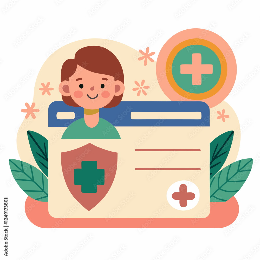 smiling young woman holding health insurance card with medical symbols on colorful background
