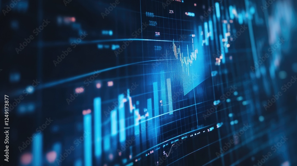 Financial chart featuring a blue arrow, bar graphs, and gridlines, isolated on a clean white background. Financial chart featuring a blue arrow, bar graphs, and gridlines, isolated on a clean white background.