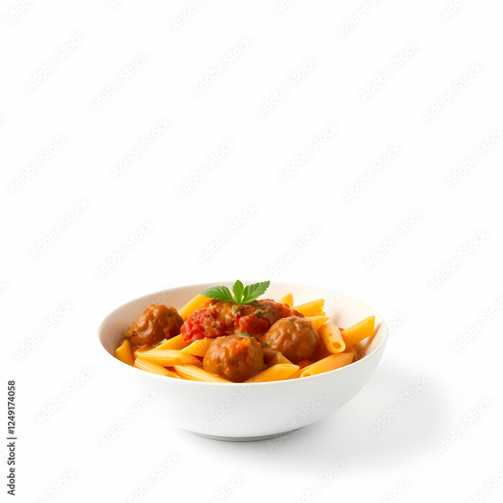 A delious Penne pasta with meatballs in tomato sauce in a white bowl on the background A delious Penne pasta with meatballs in tomato sauce in a white bowl on the background