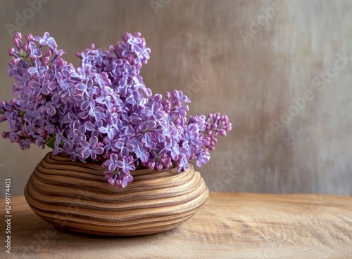 Lilac flowers on a wooden background with copy space for text. Greeting card or banner design. Spring concept. 