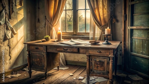 Wallpaper Mural Rustic desk in ambient light with candles and scattered papers Torontodigital.ca