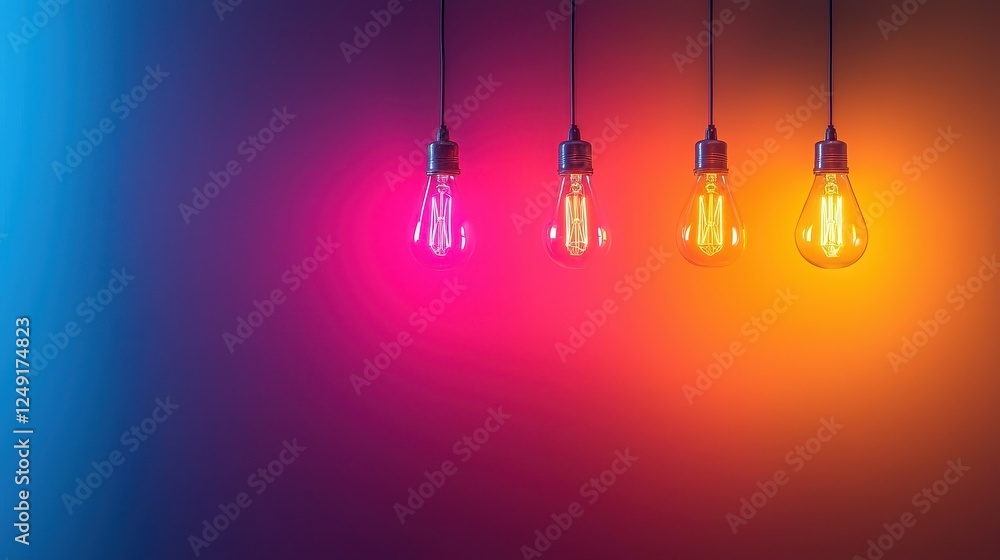 Four colorful light bulbs hanging against a gradient backdrop, creating a vibrant atmosphere with hues of blue, pink, and orange. Four colorful light bulbs hanging against a gradient backdrop, creating a vibrant atmosphere with hues of blue, pink, and orange.