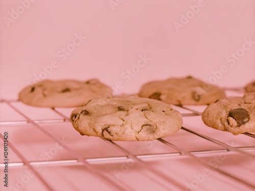 A close-up shot of freshly baked chocolate chip cookies on a cooling rack photo