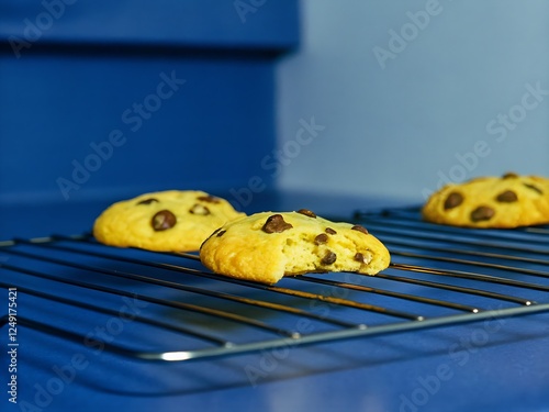 A close-up shot of freshly baked chocolate chip cookies on a cooling rack photo