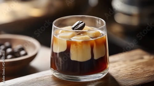 Glass of Japanese Kohi Jelly. Brewed coffee jelly and smooth, chilled coffee. Background of traditional Japanese cafe photo