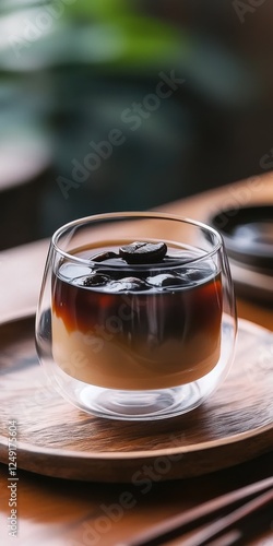 Glass of Japanese Kohi Jelly. Brewed coffee jelly and smooth, chilled coffee. Background of traditional Japanese cafe photo