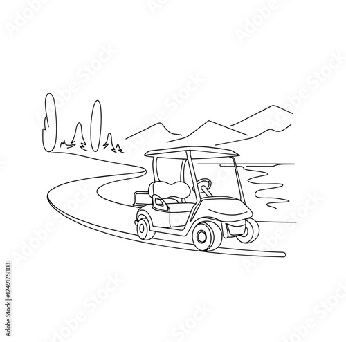 Continuous line golf car art. Single line golf cart concept. Line art, outline, banner in minimalism style. Vector illustration	