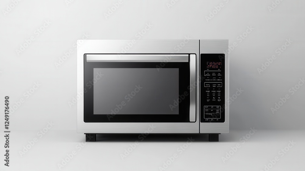 Modern stainless steel microwave oven with digital display and control panel isolated on light background Modern stainless steel microwave oven with digital display and control panel isolated on light background
