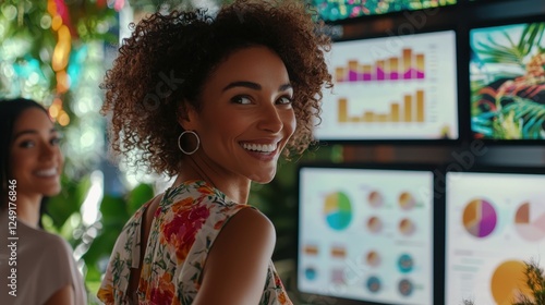 Happy young woman looking at charts in vibrant office environment with colleague in creative workspace